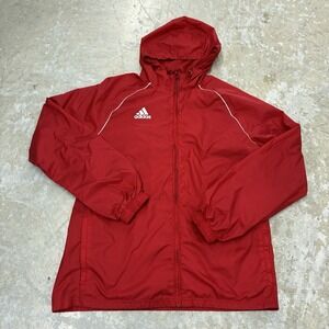 Adidas Jacket Mens Large Red Core Windbraker Mesh Lined Lightweight Hooded Logo